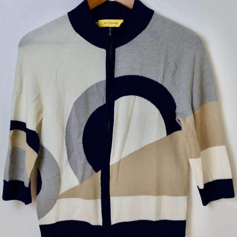 St. John Womens Cardigan Sweater Full Zip Size S 3/4 Sleeve Wool Blend Abstract